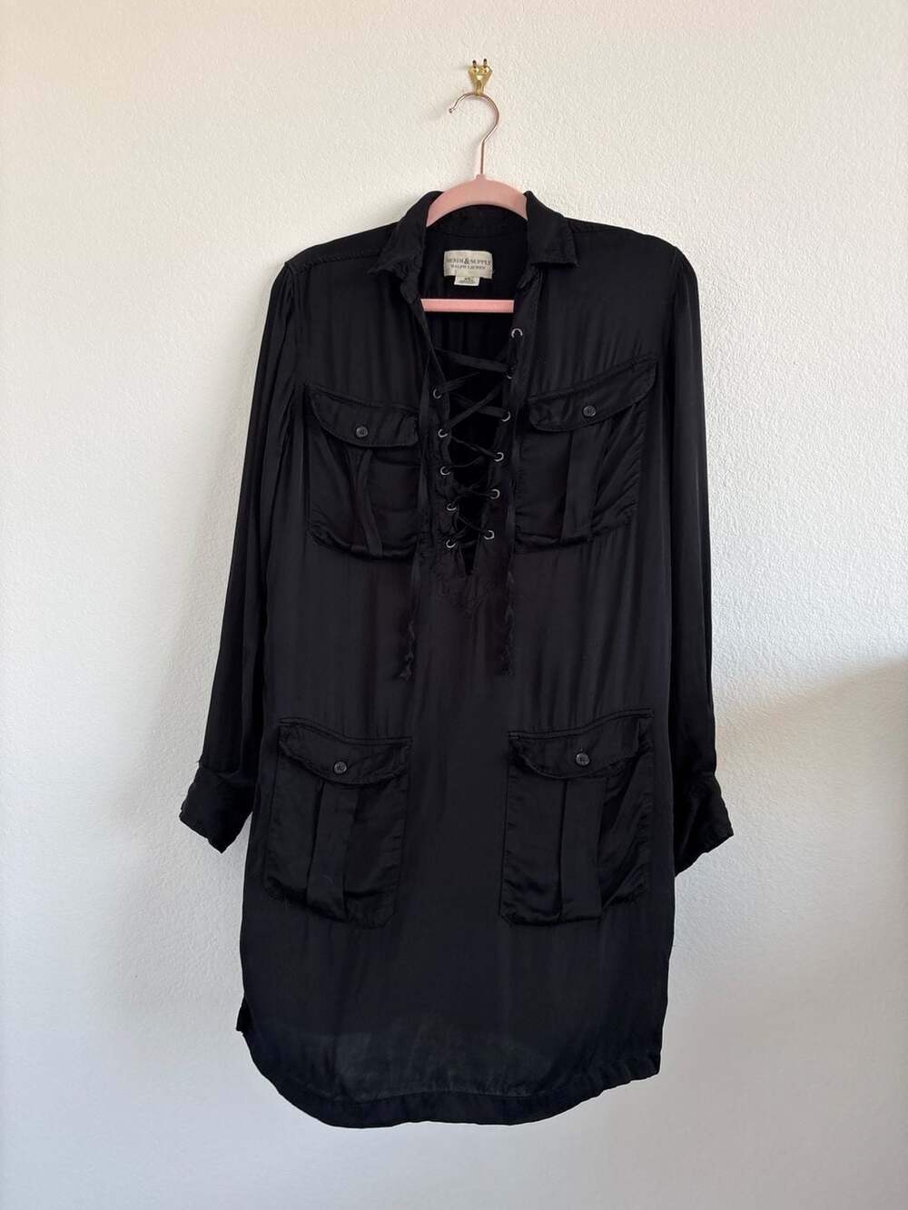 Ralph Lauren Black Lace-Up Utility Cargo Shirt Dress Size M